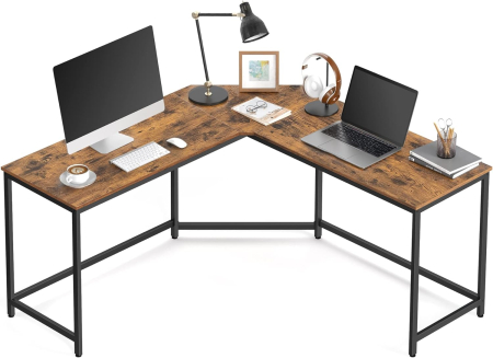 Birouri - Birou de colt in forma de L, cadru din otel, 149x149x75cm, industrial, maro rustic si negru