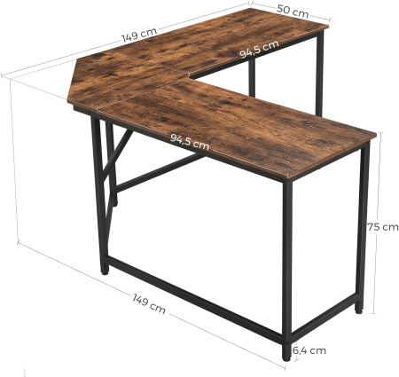 Birou de colt in forma de L, cadru din otel, 149x149x75cm, industrial, maro rustic si negru [2]