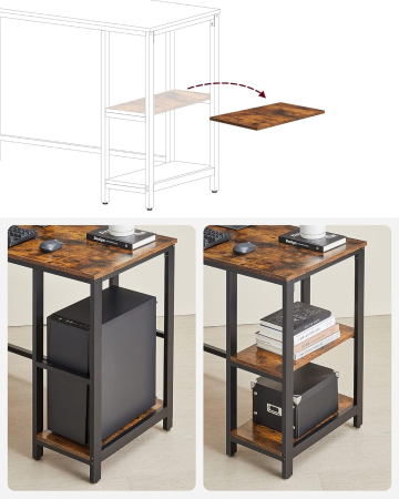 Birou de colt in forma de L, cu 2 rafturi de depozitare, 138x138x75cm, industrial, maro rustic si negru [3]