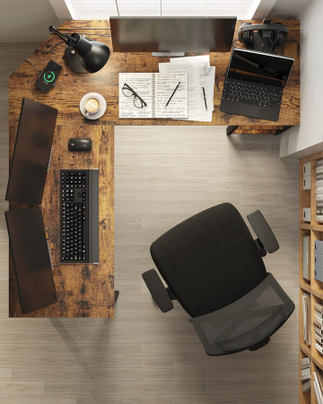 Birou de colt in forma de L, cu 2 rafturi de depozitare, 138x138x75cm, industrial, maro rustic si negru [4]