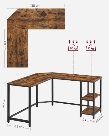 Birou de colt in forma de L, cu 2 rafturi de depozitare, 138x138x75cm, industrial, maro rustic si negru [2]