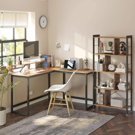 Birouri - Birou in forma de L cu suport pentru monitor, cadru metalic, 140x130x76cm, maro rustic