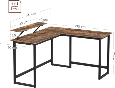 Birou in forma de L cu suport pentru monitor, cadru metalic, 140x130x76cm, maro rustic [2]