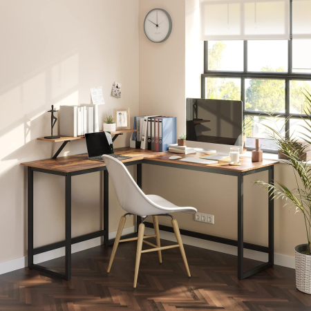 Birou in forma de L cu suport pentru monitor, cadru metalic, 140x130x76cm, maro rustic [3]