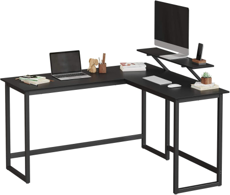 Birou in forma de L cu suport pentru monitor, cadru metalic, 140x130x76cm, negru [7]