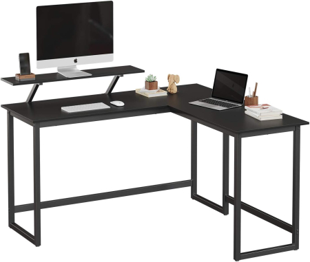 Birou in forma de L cu suport pentru monitor, cadru metalic, 140x130x76cm, negru [6]