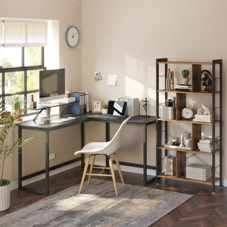 Birou in forma de L cu suport pentru monitor, cadru metalic, 140x130x76cm, negru [1]