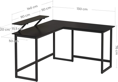 Articole pentru casă - Birou in forma de L cu suport pentru monitor, cadru metalic, 140x130x76cm, negru