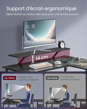 Birou in forma de L, suport monitor, raft si 2 sertare, 4 prize si 2 USB, 120x150x76 cm, negru [4]