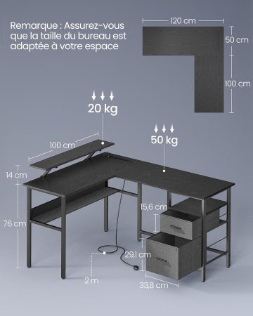 Birou in forma de L, suport monitor, raft si 2 sertare, 4 prize si 2 USB, 120x150x76 cm, negru [3]