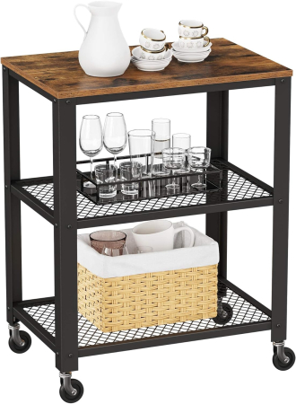 Carucior de servire pe roti, cu polite, pentru bucatarie, 40x60x77cm, industrial, maro rustic [6]