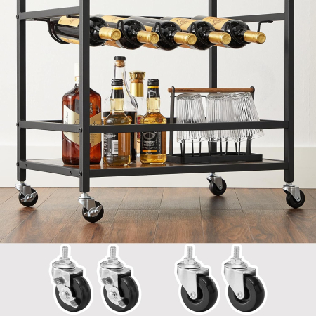 Carucior de servire pe roti, cu suport pentru sticle si pahare de vin, 40x60x82cm, Industrial, Vintage Maro/Negru [2]