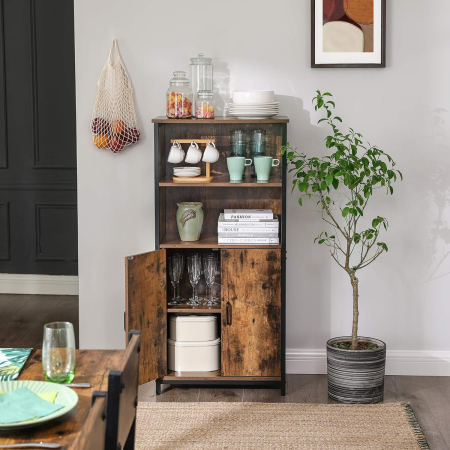 Comoda cu rafturi tip bufet, utilizare multifunctionala, stil industrial, 35x60x125cm, maro rustic [5]