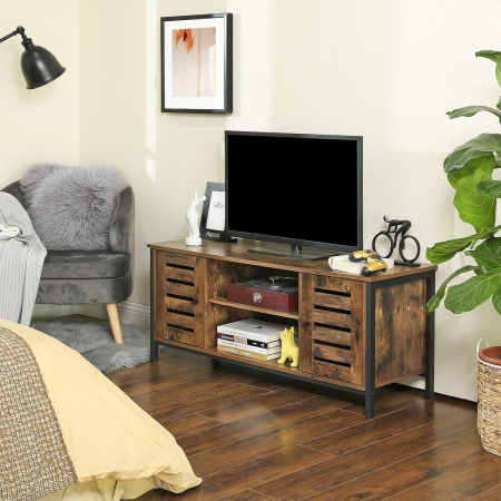Comode - Comoda joasa pentru suport TV, cu rafturi si 2 spatii de depozitare cu usa, stil industrial, 110x40x50cm, maro rustic si negru