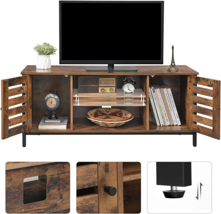 Comoda joasa pentru suport TV, cu rafturi si 2 spatii de depozitare cu usa, stil industrial, 110x40x50cm, maro rustic si negru [2]