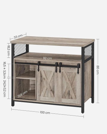 Comoda pentru living sau bucatarie, cu 2 usi glisante, rafturi reglabile, stil rustic, 33x100x80cm, gri [1]
