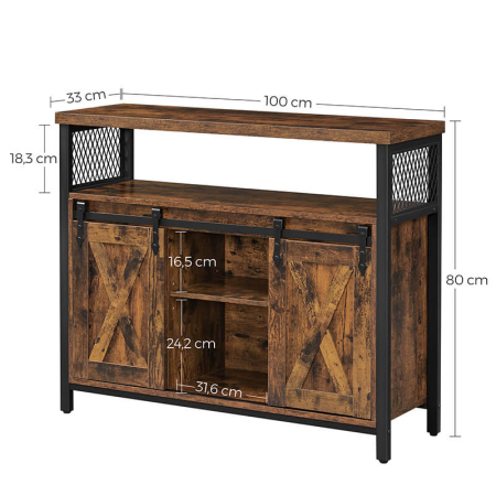 Comoda pentru living sau bucatarie, cu 2 usi glisante, rafturi reglabile, stil rustic, 33x100x80cm, maro si negru [7]