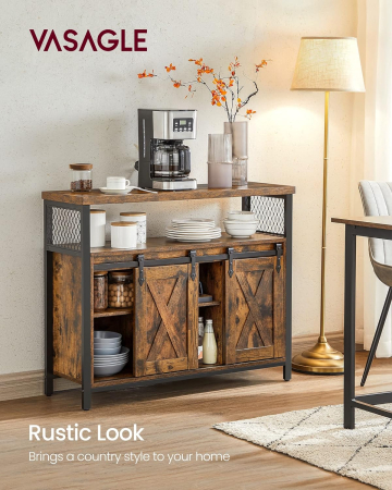 Comoda pentru living sau bucatarie, cu 2 usi glisante, rafturi reglabile, stil rustic, 33x100x80cm, maro si negru [5]