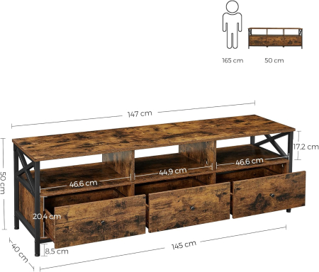 Comoda pentru TV de pana la 65 inch, cu 3 sertare si 3 rafturi deschise, 40x147x50cm, maro rustic si negru [3]