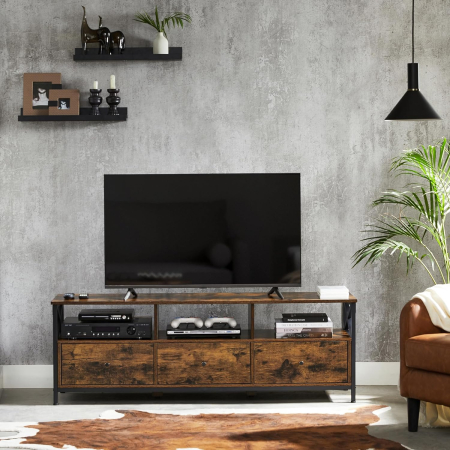 Comode - Comoda pentru TV de pana la 65 inch, cu 3 sertare si 3 rafturi deschise, 40x147x50cm, maro rustic si negru