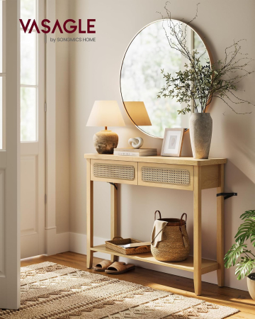 Comode - Consola hol 100x30x80 cm, 2 sertare, raft deschis, colturi rotunjite, stil boho, MDF si ratan PVC, bej stejar