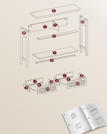 Consola hol 100x30x80 cm, 2 sertare, raft deschis, colturi rotunjite, stil boho, MDF si ratan PVC, bej stejar [5]