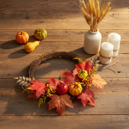 Coroniță decorativă de toamnă cu frunze, bobițe și conuri – Ø35 cm [1]