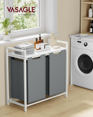 Articole pentru casă - Cos de rufe, 2 compartimente, saci de rufe detasabili, raft, cadru metalic, 2x46L, 73x33x72 cm, alb si gri deschis