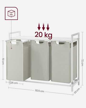 Cos de rufe, 3 compartimente, saci de rufe detasabili, raft, cadru metalic, 3x38L, 93x33x72 cm, alb [4]