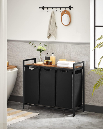 Articole pentru casă - Cos de rufe, 3 compartimente, saci de rufe detasabili, raft, cadru metalic, 3x38L, 93x33x72 cm, maro rustic si negru