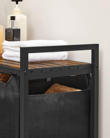 Cos de rufe, 3 compartimente, saci de rufe detasabili, raft, cadru metalic, 3x38L, 93x33x72 cm, maro rustic si negru [3]