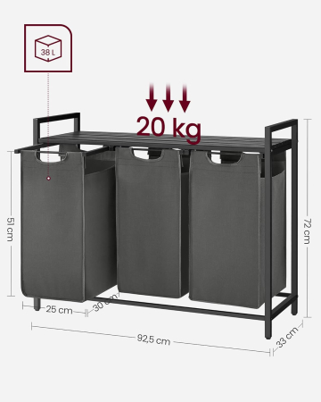 Cos de rufe, 3 compartimente, saci de rufe detasabili, raft, cadru metalic, 3x38L, 93x33x72 cm, negru [4]