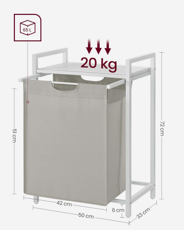 Cos de rufe, sac de rufe detasabil, raft, cadru metalic, 65L, 50x33x72 cm, alb [4]