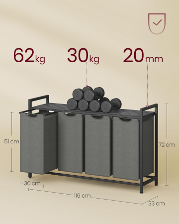 Cos rufe 4x40L, saci detasabili, raft superior si cadru metalic, 116x33x72 cm, negru si gri [1]