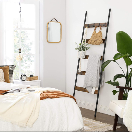 Cuier baie tip scara inclinata, cadru din otel cu 5 nivele, agatatori detasabile, 65x178cm, maro rustic si negru [6]