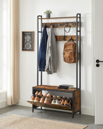 Articole pentru casă - Cuier cu dulap de depozitare pantofi, cadru din otel, stil industrial, 32x85x180cm, maro rustic