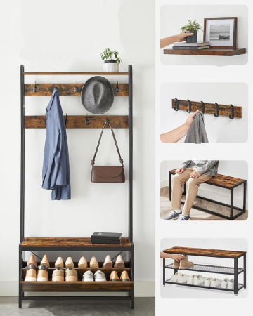 Cuier cu dulap de depozitare pantofi, cadru din otel, stil industrial, 32x85x180cm, maro rustic [2]
