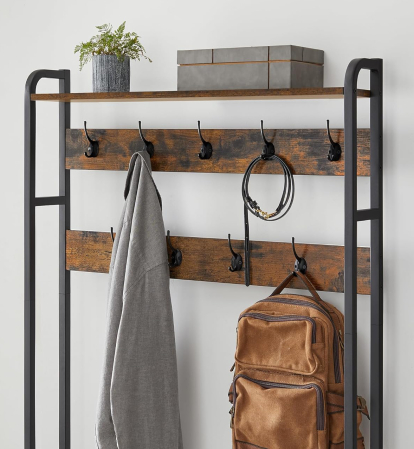 Cuier cu dulap de depozitare pantofi, cadru din otel, stil industrial, 32x85x180cm, maro rustic [6]