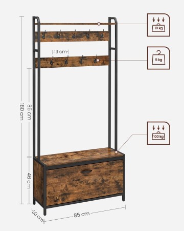 Cuier cu dulap de depozitare pantofi, cadru din otel, stil industrial, 32x85x180cm, maro rustic [5]