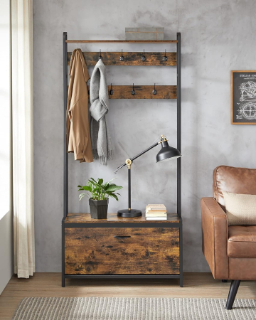 Cuier cu dulap de depozitare pantofi, cadru din otel, stil industrial, 32x85x180cm, maro rustic [1]