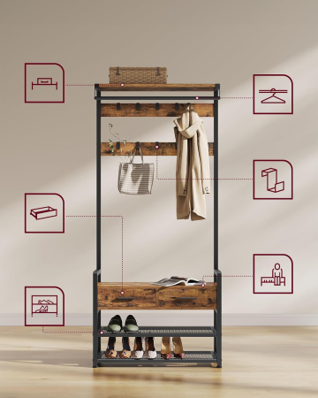 Cuier cu polite de depozitare pantofi si 2 sertare, cadru din otel, stil industrial, 30x80x182cm, maro rustic [2]