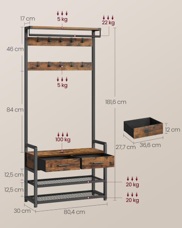 Cuier cu polite de depozitare pantofi si 2 sertare, cadru din otel, stil industrial, 30x80x182cm, maro rustic [1]