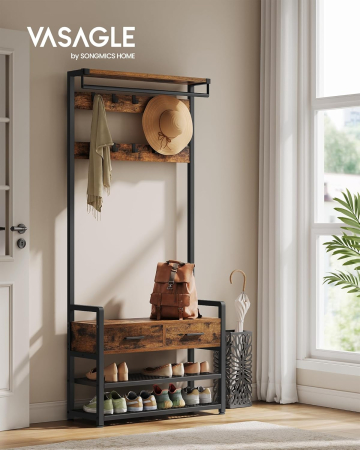 Articole pentru casă - Cuier cu polite de depozitare pantofi si 2 sertare, cadru din otel, stil industrial, 30x80x182cm, maro rustic