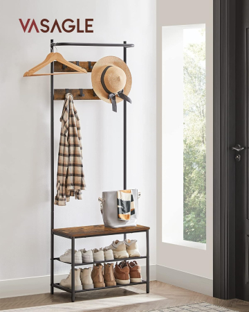 Articole pentru casă - Cuier cu rafturi depozitare pantofi si ​​bara suspendata, industrial, 32x64x180 cm, maro rustic si negru