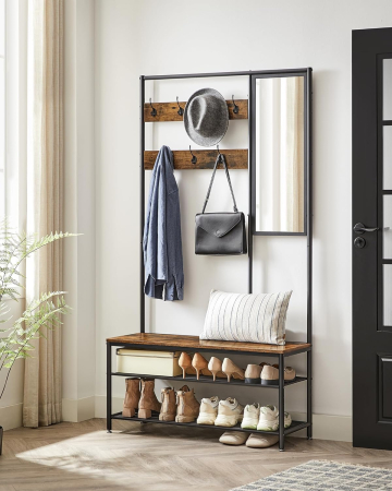 Cuier cu rafturi depozitare pantofi si ​​oglinda, industrial, 35x98x180 cm, maro rustic si negru [1]