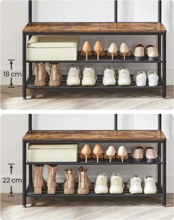 Cuier cu rafturi depozitare pantofi si ​​oglinda, industrial, 35x98x180 cm, maro rustic si negru [6]