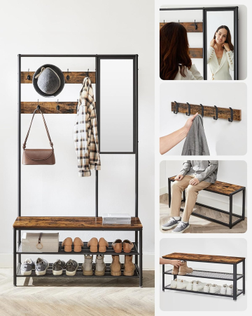 Articole pentru casă - Cuier cu rafturi depozitare pantofi si ​​oglinda, industrial, 35x98x180 cm, maro rustic si negru