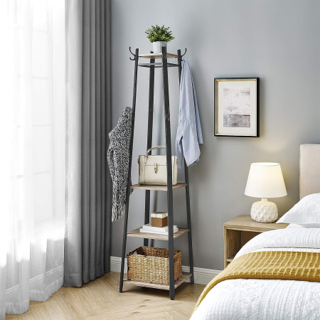 Cuier de haine cu 3 rafturi, suport cu carlige, din otel, 43x43x180 cm, stil industrial, gri si negru [1]