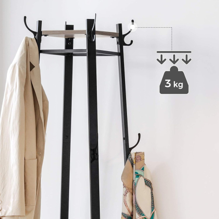 Cuier de haine cu 3 rafturi, suport cu carlige, din otel, 43x43x180 cm, stil industrial, gri si negru [3]