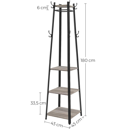 Cuier de haine cu 3 rafturi, suport cu carlige, din otel, 43x43x180 cm, stil industrial, gri si negru [6]